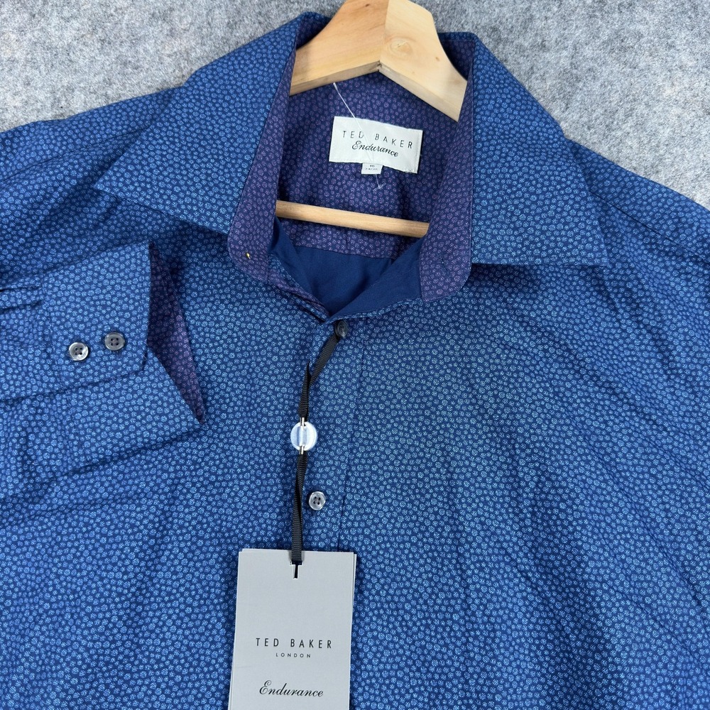 Ted Baker Shirt Mens 16 34/35 Navy Spot Print Endurance Slim Fit Dress Cotton